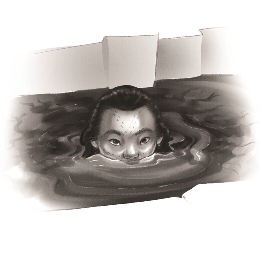 illustration of A monochromatic narrative illustration of a strange women cautiously coming to the water surface. children's, animals, whimsical, character, people, figures, cultural storytelling, women, folklore, fairy tale, winter, arctic, indigenous culture, native land, expressive linework, black and white illustration, traditional clothing