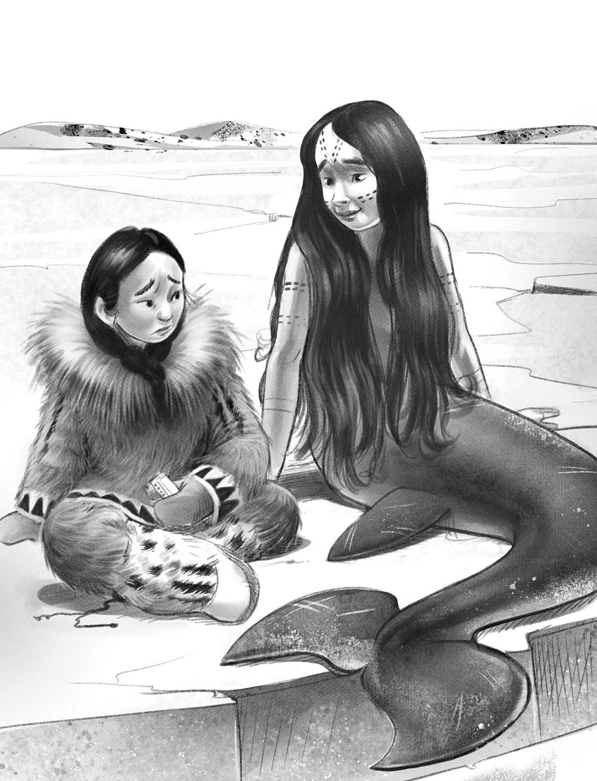 illustration of A monochromatic narrative illustration of a Inuit girl and mermaid conversing. children's, animals, whimsical, character, people, figures, cultural storytelling, winter, arctic, indigenous culture, native land, expressive line work, black and white illustration, traditional clothing, folklore, mermaid, sea creature