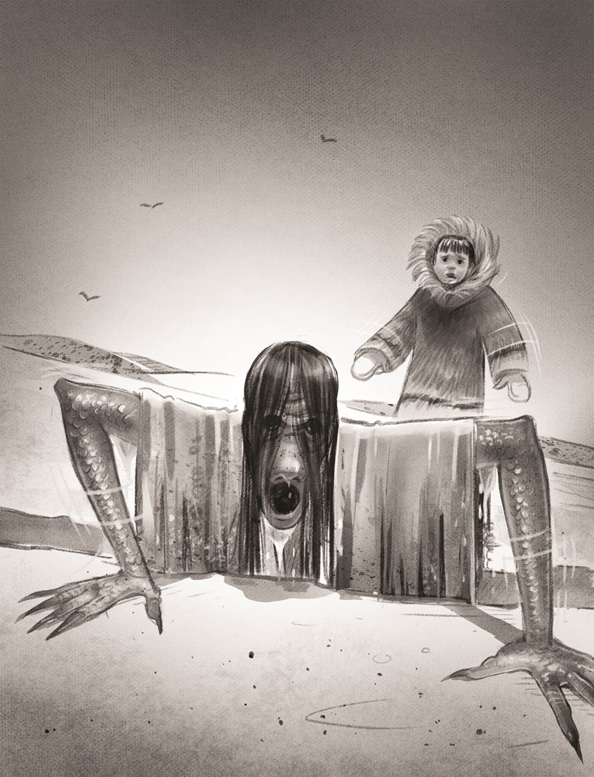 illustration of A monochromatic narrative illustration depicting a child standing behind a sea monster emerging from the ocean water. children's, animals, whimsical, character, people, figures, cultural storytelling, winter, arctic, folklore, monster, boy, children, tension, indigenous culture, native land, expressive linework, black and white illustration, traditional clothing