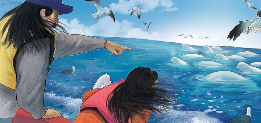 illustration of A narrative children's book illustration depicting a family observing beluga whales in their natural arctic environment. children's, narrative, animals, whimsical, character, people, figures, landscape nature, family, love, learning, girl, uncle, ocean life, beluga, boat, seagulls, adventure