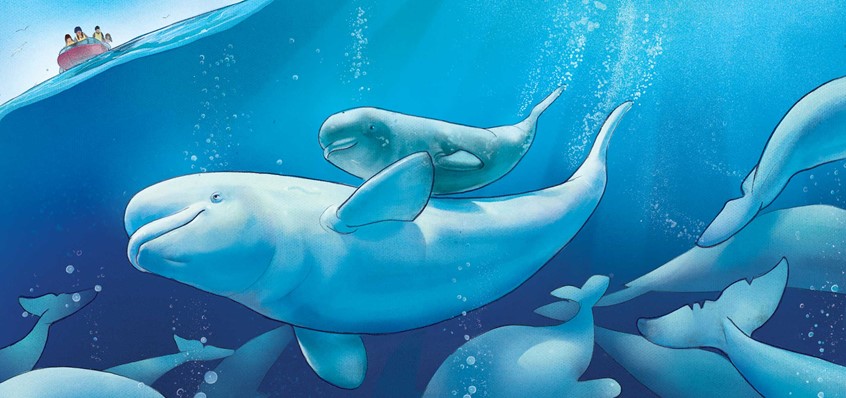 illustration of A narrative children's book illustration depicting a pod of beluga whales swimming beneath the ocean's surface, with a mother and calf at the center. children's, animals, whimsical, character, people, figures, narrative, arctic ocean, sea life, whales, underwater scene, serenity, boat, nature, family, love, learning, girl, uncle, ocean life, beluga, boat, seagulls, adventure