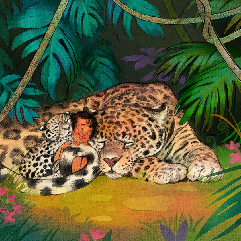 illustration of A tender jungle scene of a leopard resting with its cub, surrounded by lush foliage and warm light, evoking protection, closeness, and quiet love.
children's, animals, whimsical,narrative, character,people, figures, wildlife, love, closeness, nurturing, warmth, warm color palette, gentle illustration, painterly texture, sense of safety, sleep, nap, nature, tropical.