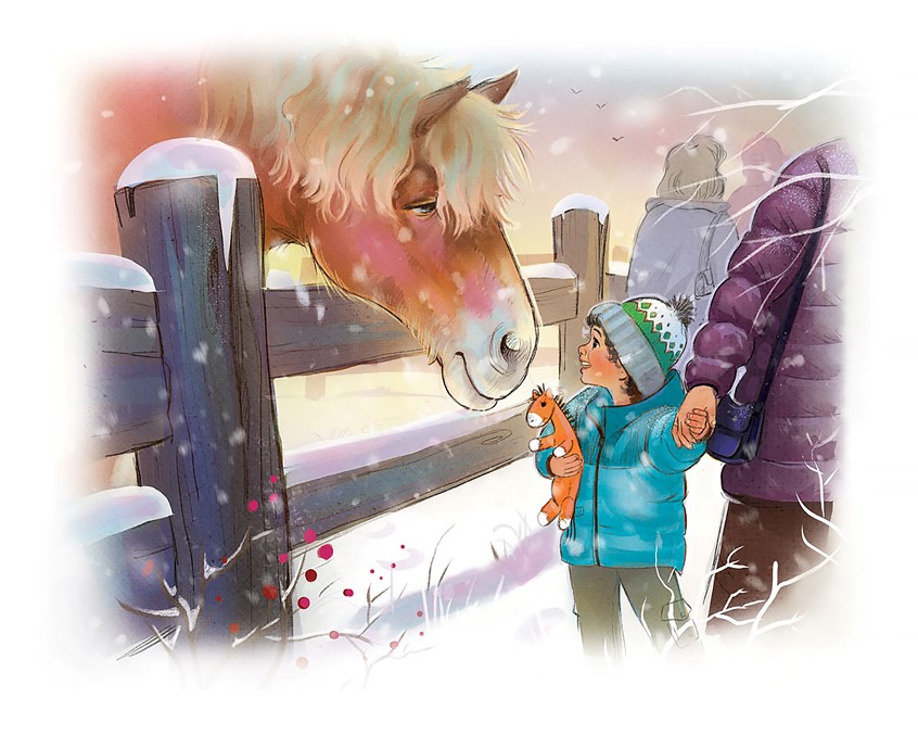 illustration of A gentle moment captured between a curious Belgian horse and a young boy. children's, animals, whimsical, character, people, figures, tender, intimate, narrative, emotional illustration, winter day, horse, boy, barn, farm, gentle storytelling, quiet moments, warmth, connection