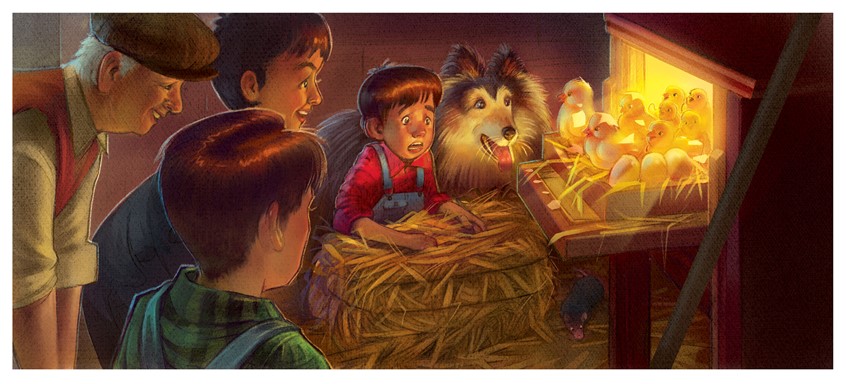 illustration of A tender barn interior moment, when the chicks begin to hatch in the incubator. narrative, editorial, warm lighting, family. children's, animals, whimsical, character, people, figures, historical, moment, love, wonder, learning, children, kids, boys, painterly texture, cozy, dog, baby chicks, hay, warm colour palette