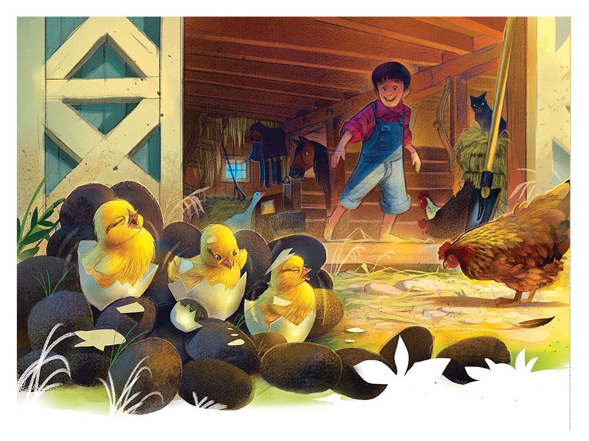 illustration of A joyful Barnyard moment where a child dashes into the warm glow of the morning as chicks tumble from their shells. editorial, narrative, children's, animals, whimsical, character, people, figure, barnyard, chicks, warm morning light, joyful, boy ,children, kids, baby animals, painterly texture, farm setting, horse, hen