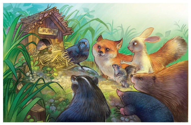 illustration of A warm, storybook moment where munch the turtle meets a circle of woodland friends. whimsical, narrative, children's, wildlife, animals, turtle, forest, nature driven, woodland animals, soft painterly style, community, belonging, gentle, pencil, line and color, naturalistic colors