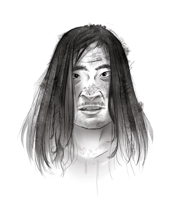 illustration of Black and white monochromatic character portrait rendered with loose , expressive linework. children's, animals, whimsical,narrative, portrait, character, people, character, black and white illustration, ya book, ya, Inuit, indigenous, native land, indigenous culture, vulnerability, giant, expressive linework, pencil, wash style