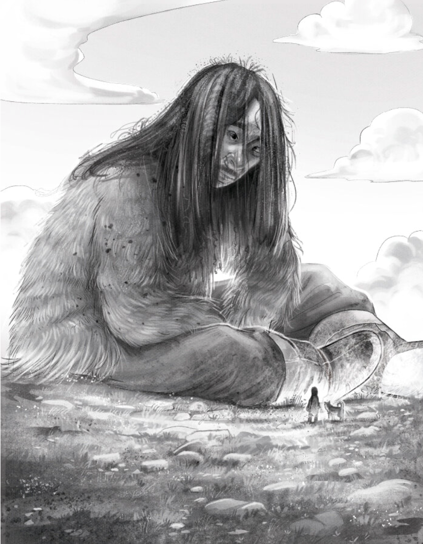 illustration of A monochromatic narrative illustration depicting a gentle giant seated in a vast landscape interacting with a little girl. children's, animals, whimsical, character, people figures, narrative, gentle giant, black and white illustration, fanatsy , folklore, indigenous culture, native land, indigenous folklore, cinematic, emotional storytelling.