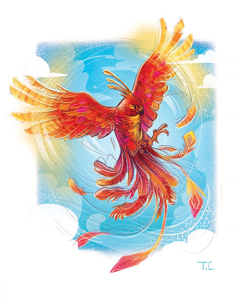 illustration of A vibrant, painterly illustration of a Phoenix mid-flight, wings unfurled in sweeping motion. children's, animals, narrative, whimsical, character, editorial, Phoenix, courage, brave, vignettes, firebird, magic, mythical bird, fantasy illustration, sky, clouds