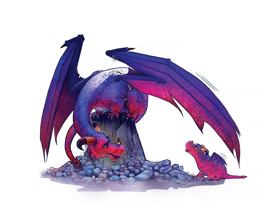 illustration of A narrative editorial illustration of a mother dragon sheltering her baby beneath her wings while a curious hatchling looks on. children's, animals, whimsical, character, narrative, editorial, fantasy, folklore, dragon, whimsical, family, love, gentle , painterly texture, magical creatures.