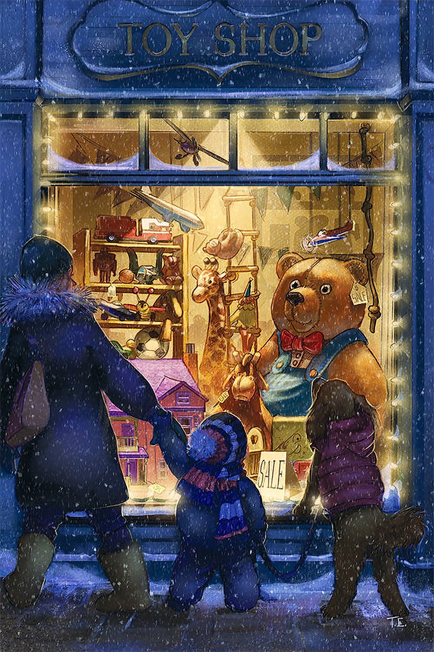 illustration of A Winter night scene of a family and their dog pausing outside a glowing toy shop window, where warm light and classic toys create a sense of wonder and anticipation. children's, narrative, animals, whimsical, character, people, figures, boy, family, dog, toy store, walking, wonder, envy, snowflakes, cozy, classic, toys, holiday, seasonal, christmas gifts, gifts