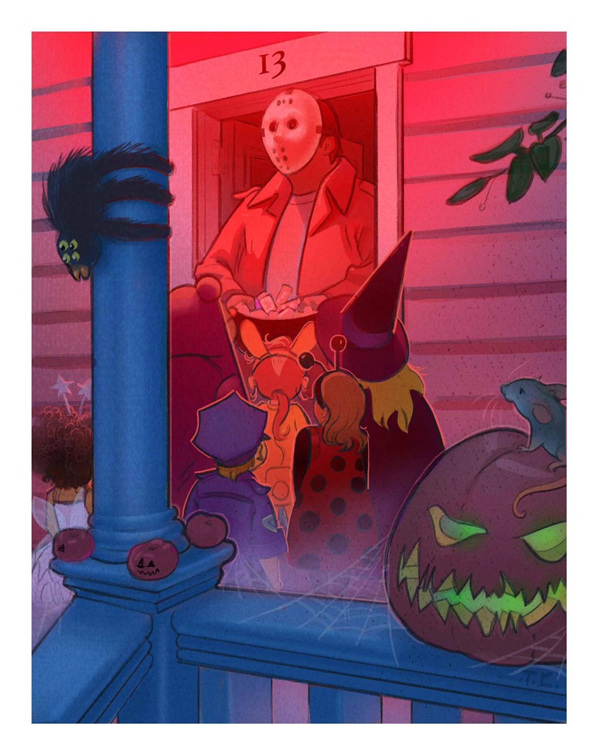 illustration of A Halloween illustration of children trick-or-treating. children's, editorial, animals, narrative, whimsical, character, people, figures, Halloween, seasonal, trick-or-treat, spooky, scary, cool colours, warm colours, contrast, painterly, pencil, line and colour, children, kids, police, witch, lady bug, bear, porch, atmospheric lighting, angel, spider