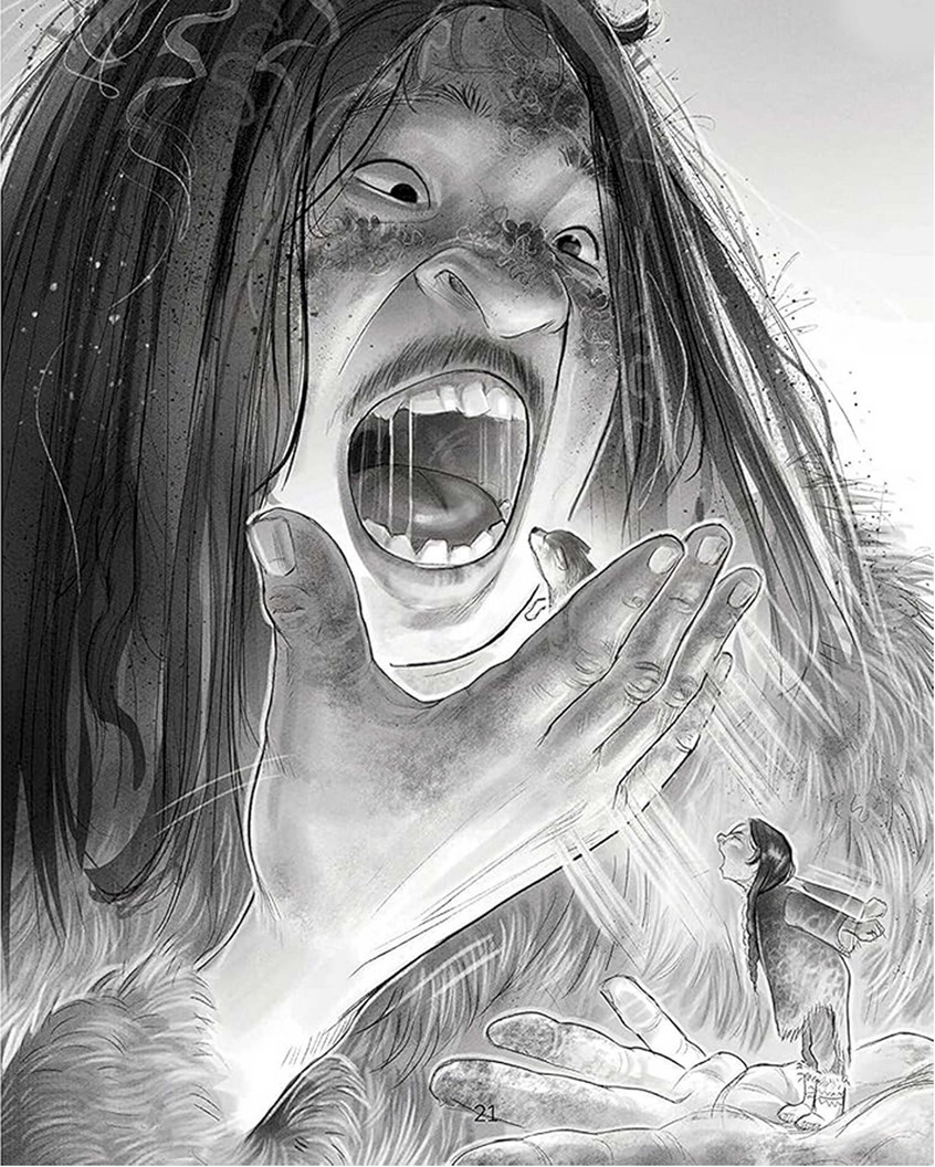 illustration of Black and white monochromatic character portrait rendered with loose , expressive linework. children's, animals, whimsical, narrative, character, people, figures, black and white illustration, ya book, ya, mad girl, dog, hungry, Inuit, indigenous, native land, indigenous culture, vulnerability, giant, expressive linework, pencil, wash style