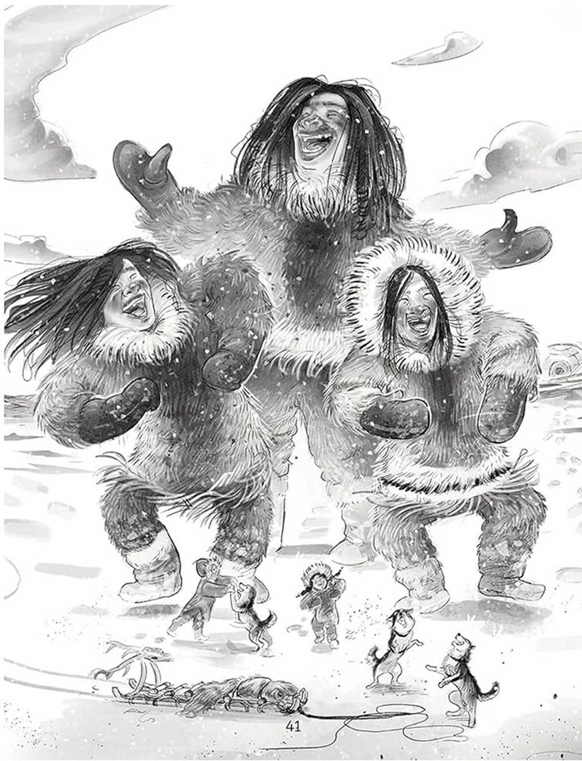 illustration of Black and white monochromatic multiple characters dancing on a winter day, done with loose , expressive linework. children's, animals, whimsical, character, people , narrative, figures, black and white illustration,giants, folk lore, happiness, dancing, singing, dog, winter, arctic winter, native land ya book, ya, Inuit, indigenous, native land, indigenous culture, vulnerability, giant, expressive linework, pencil, wash style