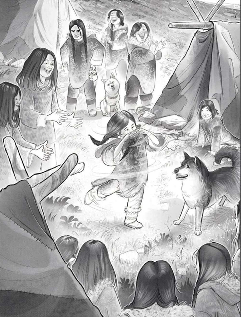 illustration of Black and white monochromatic multiple characters dancing along to a little girl singing, done with loose , expressive linework. children's, animals, whimsical, character,narrative, black and white illustration,giants,family, girl, husky, camp site, folk lore, happiness, dancing, singing, dog, winter, arctic winter, native land ya book, ya, Inuit, indigenous, native land, indigenous culture, vulnerability, giant, expressive linework, pencil, wash style