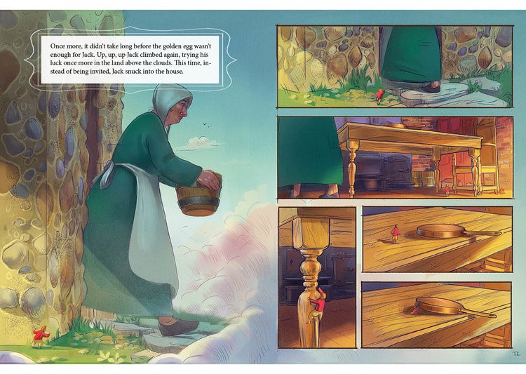 illustration of A sequence of cinematic. story-driven illustrations inspired by Jack and the beanstalk, reimagined in a graphic novel format. children's, animals, whimsical, character, people, figures, narrative, women, giants, classic fairy-tale, interior, clouds, mysitcal folklore, expressive character, boy, wonder, cinematic, dynamic pacing, beans, magical, whimsical, graphic novel, ya book