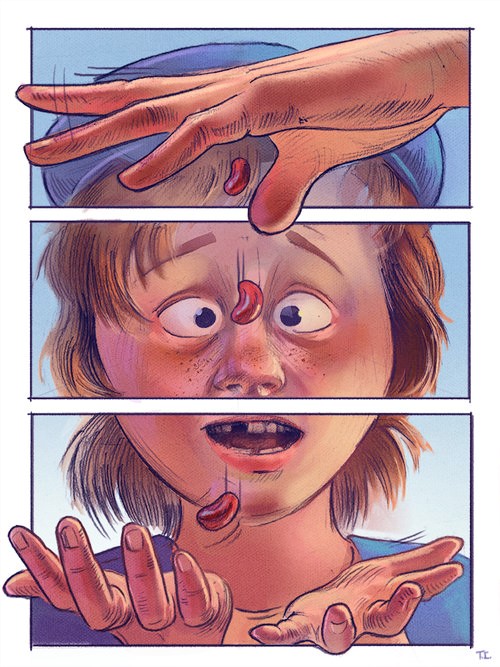 illustration of A sequence of cinematic. story-driven illustrations inspired by Jack and the beanstalk, reimagined in a graphic novel format.children's, animals, whimsical, character, people, figures, narrative, classic fairy-tale, folklore, expressive character, boy, wonder, cinematic, dynamic pacing, beans, magical, whimsical, graphic novel, ya book