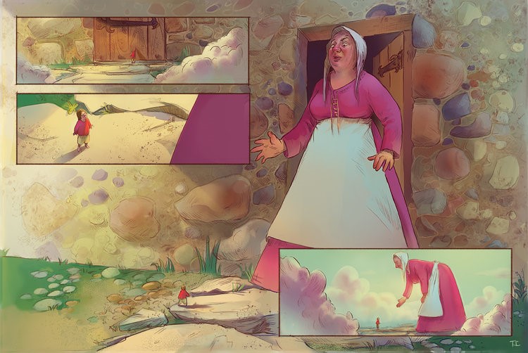 illustration of A sequence of cinematic. story-driven illustrations inspired by Jack and the beanstalk, reimagined in a graphic novel format. children's, animals, whimsical, character, people, figures, narrative large women, giant, doorway, stones, fear, bravery, determination, classic fairy-tale, folklore, expressive character, boy, wonder, cinematic, dynamic pacing, beans, magical, whimsical, graphic novel, ya book