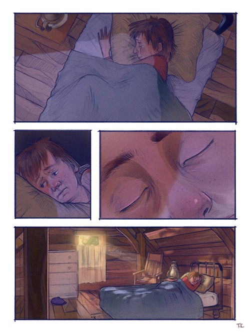 illustration of A sequence of cinematic. story-driven illustrations inspired by Jack and the beanstalk, reimagined in a graphic novel format. children's, animals, whimsical, character, people, figures, narrative, bedroom scene, morning sunlight, sunny, sleepy, classic fairy-tale, folklore, expressive character, boy, wonder, cinematic, dynamic pacing, beans, magical, whimsical, graphic novel, ya book
