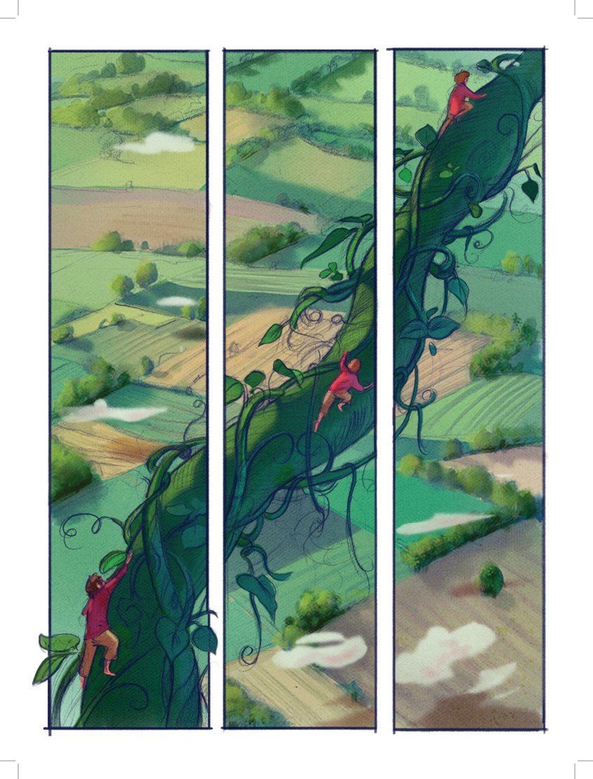illustration of A sequence of cinematic. story-driven illustrations inspired by Jack and the beanstalk, reimagined in a graphic novel format. children's, animals, whimsical, character, people, figures, narrative, classic fairy-tale, beanstalk, country life, landscape, green,boy,climbing, folklore, expressive character, boy, wonder, cinematic, dynamic pacing, beans, magical, whimsical, graphic novel, ya book,clouds