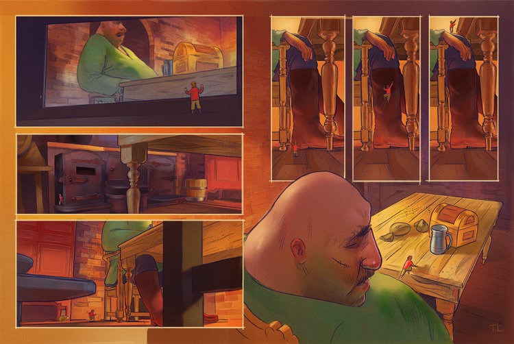 illustration of A sequence of cinematic. story-driven illustrations inspired by Jack and the beanstalk, reimagined in a graphic novel format. children's, animals, whimsical, character, people, figures, narrative, large men, men , giant, kitchen, design, fear, bravery, determination, classic fairy-tale, folklore, expressive character, boy, wonder, cinematic, dynamic pacing, beans, magical, whimsical, graphic novel, ya book