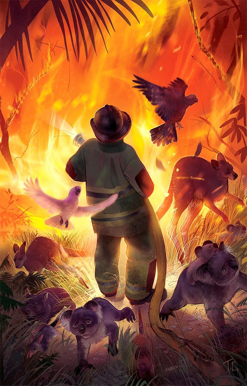 illustration of A young firefighter guides wildfire to safety during a raging forest fires, inspired by the Australian bush fires and created to raise awareness about environmental loss and compassion in time of crisis. children's, animals, editorial, narrative, whimsical, character, people, figure, wildlife, fire, dramatic, digital, painterly, australia