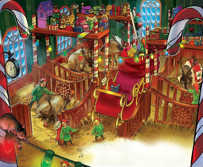 illustration of Elves prepare Santa's sleigh inside a cozy, toy-filled stable, bringing holiday magic to life through warm, whimsical detail. children's, animals, whimsical, people,narrative, fantasy, character, christmas, holiday, people, figures, festive, detail, digital, narrative,
