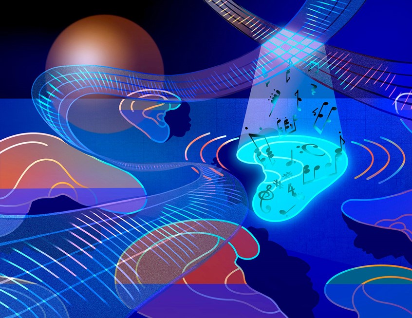 illustration of Illustration about a technique developed at Penn State University that creates ‘audible enclaves’ by intersecting ultrasound beams to produce sound audible only at specific locations, without using headphones or speakers.