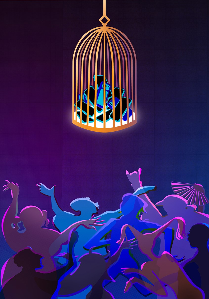 illustration of There is a growing movement in New York clubs to ban or limit mobile phones so that people can truly reconnect with the music, with each other, and with the moment.