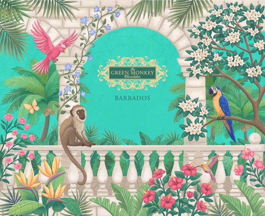illustration of Client: Green Monkey Chocolatier (Barbados), a high-end artisanal chocolate brand.
My role: I designed the artwork for a luxury gift box for chocolates and sweets. The packaging was created to feel festive and gift-worthy for holidays like Christmas, Valentine’s Day, and Easter, while complementing the brand’s premium identity.
This illustration is also used for storefront decor and other purposes.