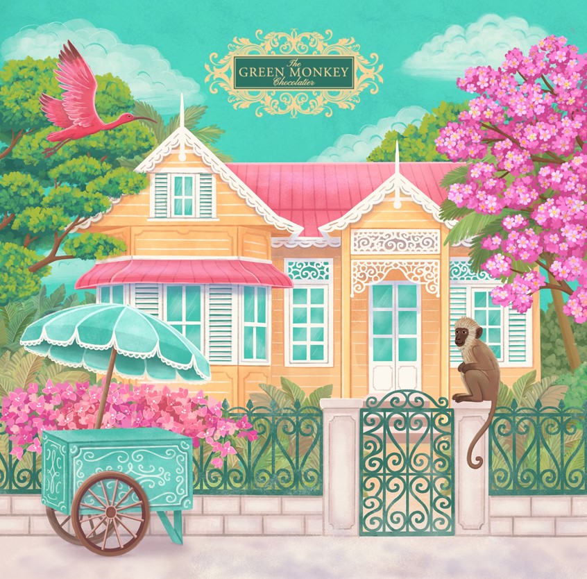 illustration of House, building, architecture, Tropical, foliage, Monkey, wildlife, animal illustration, wildlife, Caribbean, colonial, exotic, bird, painterly, textured, decorative, whimsical, elegant, detailed, sophisticated, elegant, luxury, premium, editorial, packaging, botanical, floral