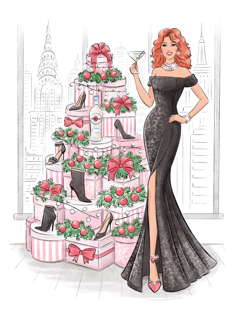 illustration of Fashion sketch, fashion illustration, sophisticated, elegant, luxury, premium, Woman, portrait, beauty, makeup, lifestyle, Black and white, line art, Editorial, greeting card, Christmas, holidays, seasonal, festive, celebration, decorative, winter traditions, magic, NYC, city, New York