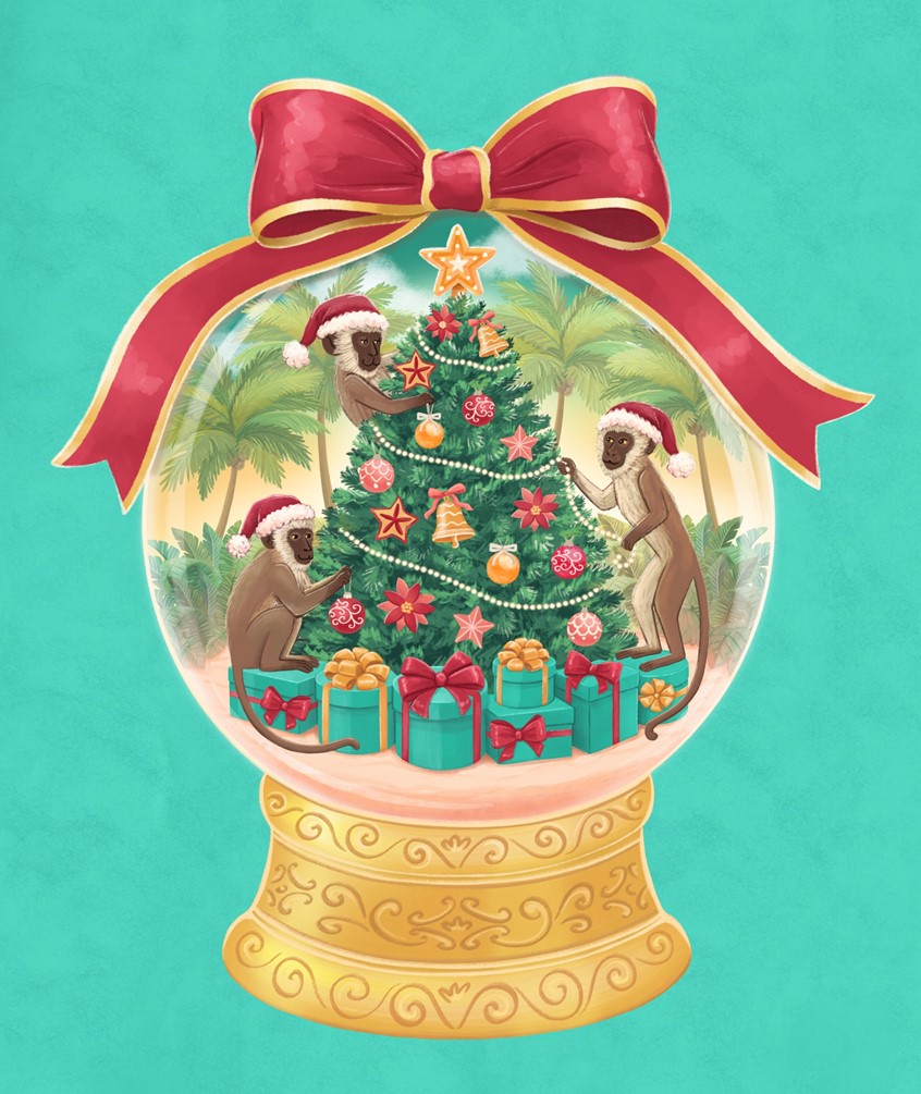 illustration of Christmas, holidays, seasonal, festive, celebration, decorative, magic, packaging illustration, luxury, premium, food, confectionery, chocolate packaging, gift, greeting card, stationery, editorial, publishing, advertising, branding, retail, Monkey, wildlife, animal, ornament, gift, tropical landscape, botanical, tropical plants, jungle, palm, Caribbean, island, exotic, foliage, decorative, whimsical, elegant, detailed, vibrant, colourful, premium, luxury, sophisticated, storytelling