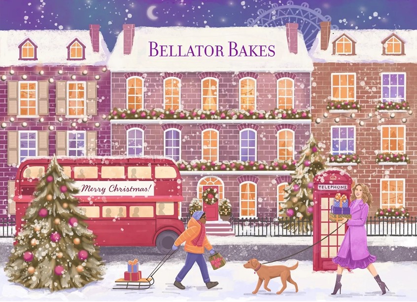 illustration of London, UK, Great Britain, city, architecture, building, fashion, sophisticated, elegant, luxury, premium, Christmas, holidays, seasonal, festive, celebration, decorative, winter traditions, magic, winter, editorial, retail, gift, christmas tree, boutique, hotel, joy, woman, people