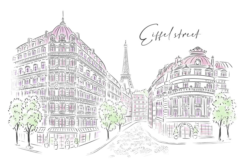 illustration of Paris, France, building, architecture, city, black and white, ink, limited color, sketch, fashion illustration, editorial, packaging, Eiffel Tower, French architecture, Parisian architecture, Europe, luxury, premium, sophisticated, elegant, minimal, hand-drawn, delicate, boutique hotel