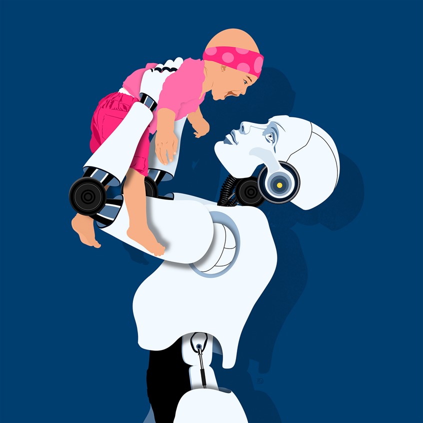 illustration of Childcare in the age of AI. A robotic nannie holding a baby / young child.
#ai, #artificialintelligence, #robot, #robotic, #childcare, #nannie, #baby, #child