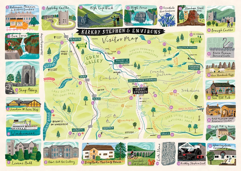 illustration of A map depicting the Eden Valley in England and surrounding areas. Eden Valley is surrounded by beautiful countryside and tourists hotspots such as museums, landscapes, stately homes, wildlife and ancient landmarks. It is located in the North of England between the Lake District and the Yorkshire Dales.