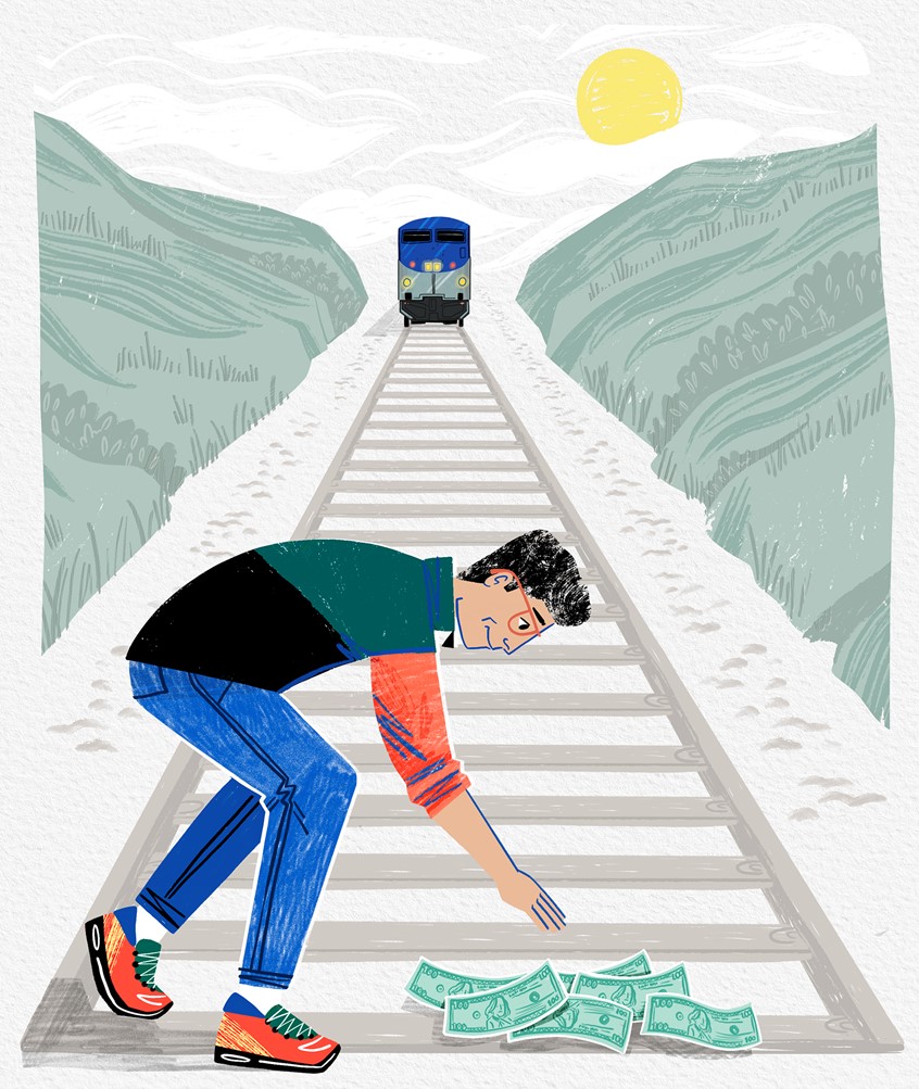 illustration of A train approaching a tech bro as he's attempting to pick up some money laid on the train tracks. To accompany a talk on the dangers of chasing money in the ai boom without giving adequate consideration to safety. For Intelligence.org