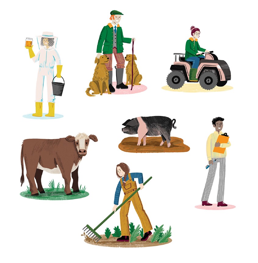illustration of Farm workers and farm animals for an activity pack for visitors to Little Rollright Farm in the Cotswolds UK. Little Rollright farm is a beautiful farm surrounded by the English countryside.