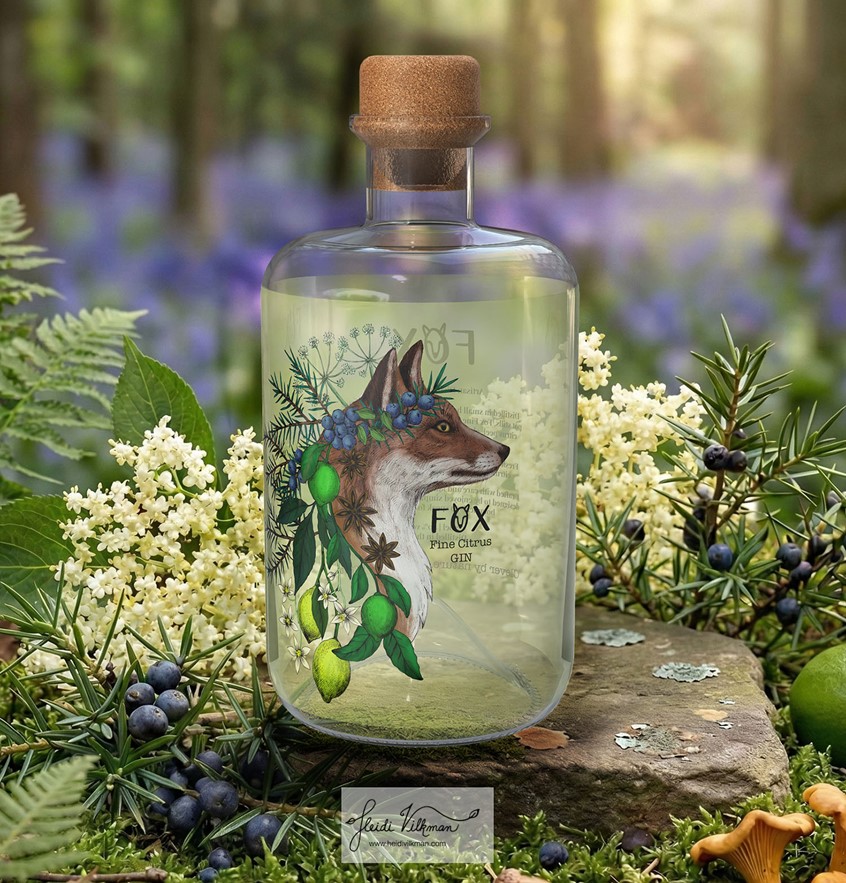 illustration of A botanical gin drink illustration - a concept for drink packaging. Based on botanical research and British wildlife, as well as botanical ingredients. The illustration is mocked up on a bottle, with a fox wearing a botanical crown from the hedgerow. Concept about the origins and folklore connected to gin and botanical drinks.
