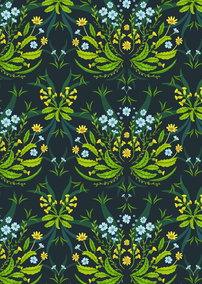 illustration of A vibrant botanical repeat pattern with spring florals, including forget-me-nots, cowslips and celandine flowers. Dark background with vibrant green leaves, yellow flowers and baby blue flowers. Grasses. Floral watercolor pattern. For licensing.