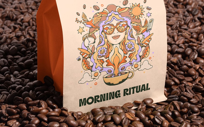 illustration of Illustrated packaging design for Bloom Coffee's 'Rise & Shine' range, capturing an uplifting morning ritual — a feeling of warmth and zen that blooms with the rising aroma of a fresh morning cuppa.