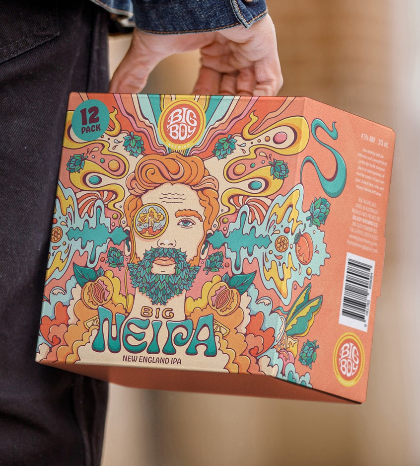 illustration of Beer can and carton packaging design for Big NEIPA. The illustration features a modern male character — monocled, hops-bearded, and utterly mind-blown — as he's engulfed in a hazy explosion of tropical stone fruits and vivid psychedelic swirls, bringing the beer's bold flavour personality to life.