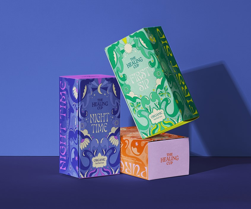 illustration of Tea packaging design for 'The Healing Cup' — inspired by the revitalising effects of herbal tea on our natural energy rhythms. Three flavours for the perfect self-care ritual, from First Sip to Pure Joy, closing the day with a dreamy Night Time.