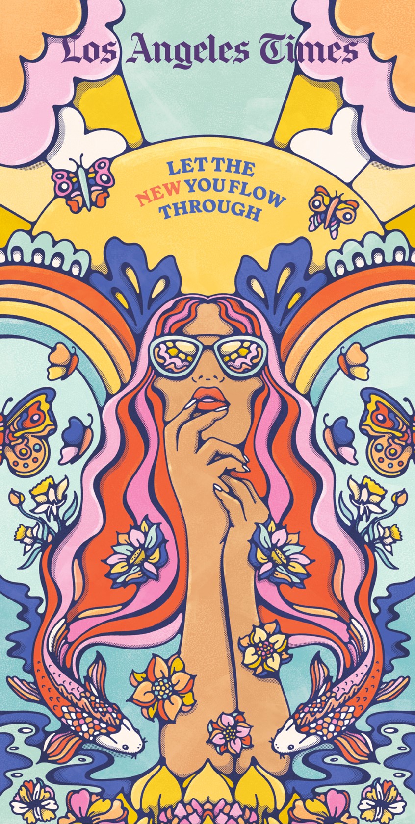 illustration of Cover illustration for a LA Times special edition celebrating the new year and new beginnings. The concept is rooted in metamorphosis — a female figure surrounded by nature's symbols of renewal. Clouds part to reveal a rising sun, a rainbow arcs across the horizon, and her flowing hair transforms into koi fish, with the new day reflected in her sunglasses. A celebration of change, hope and reinvention.