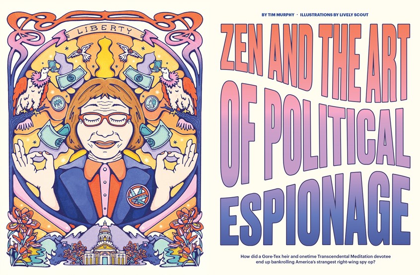 illustration of Editorial illustration for Mother Jones Magazine — a 70s rock poster-inspired concept featuring Susan Gore in deep transcendental meditation, encircled by flying money and predatory vultures, the Wyoming Supreme Court flanked by a pair of rhinos. Deceptively light and vibrant at first glance, its darker political commentary slowly reveals itself layer by layer.