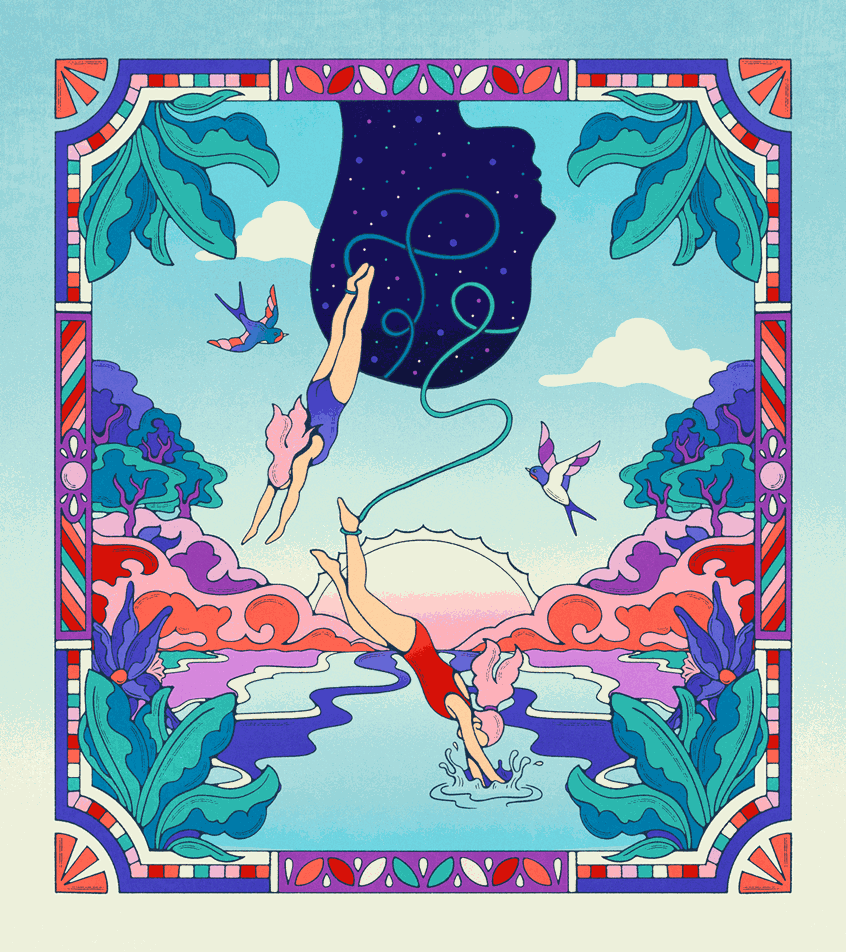 illustration of Editorial illustration exploring mental health and nature therapy — two female figures leap from a head silhouette into a vibrant, surreal waterscape, capturing the healing power of getting out of your head and into nature.