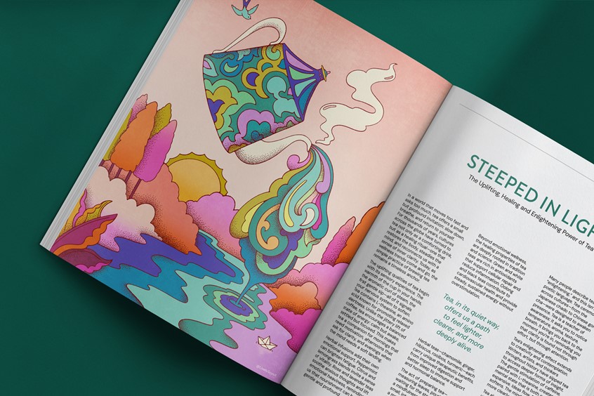 illustration of Steeped in Light' is an editorial illustration celebrating the natural and enlightening power of tea. A psychedelic-coloured landscape unfolds — a decorative teapot pours into a flowing river flanked by tea bushes, a sunrise warming the horizon. A paper boat drifts on the current as a swallow traces the sky above, the whole scene alive with colour, calm and quiet wonder.