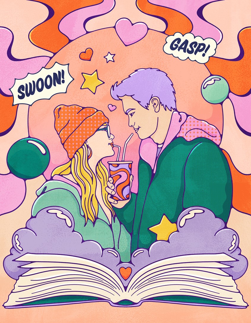 illustration of Editorial illustration for The Big Issue, accompanying an article on the rise of romance fiction. A young couple gaze into each other's eyes, sharing a soda as they emerge from the pages of an open novel against a dreamy, swirling sunset — a celebration of love, escapism and the enduring power of a good story.