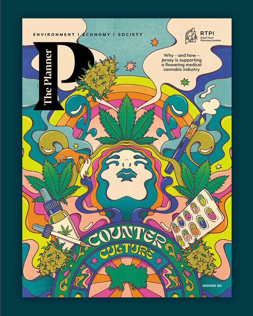 illustration of Editorial cover illustration for The Planner Magazine — 'Counter Culture', a feature on cannabis farming in Jersey. A psychedelic female portrait illustration radiates healing, surrounded by cannabis flower, leaf and CBD medicines, blending natural wellness with bold, vivid editorial illustration.